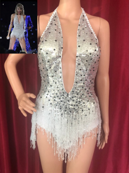 M6899 Crystal Taylor Swift Inspired Bugle Beads Leotard Dress