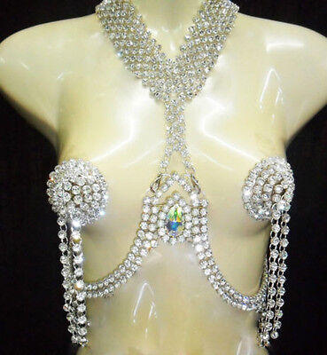 Da NeeNa J063 Showgirl Vegas Burlesque Crystal Nipple Pasties w/ Tassels Choker