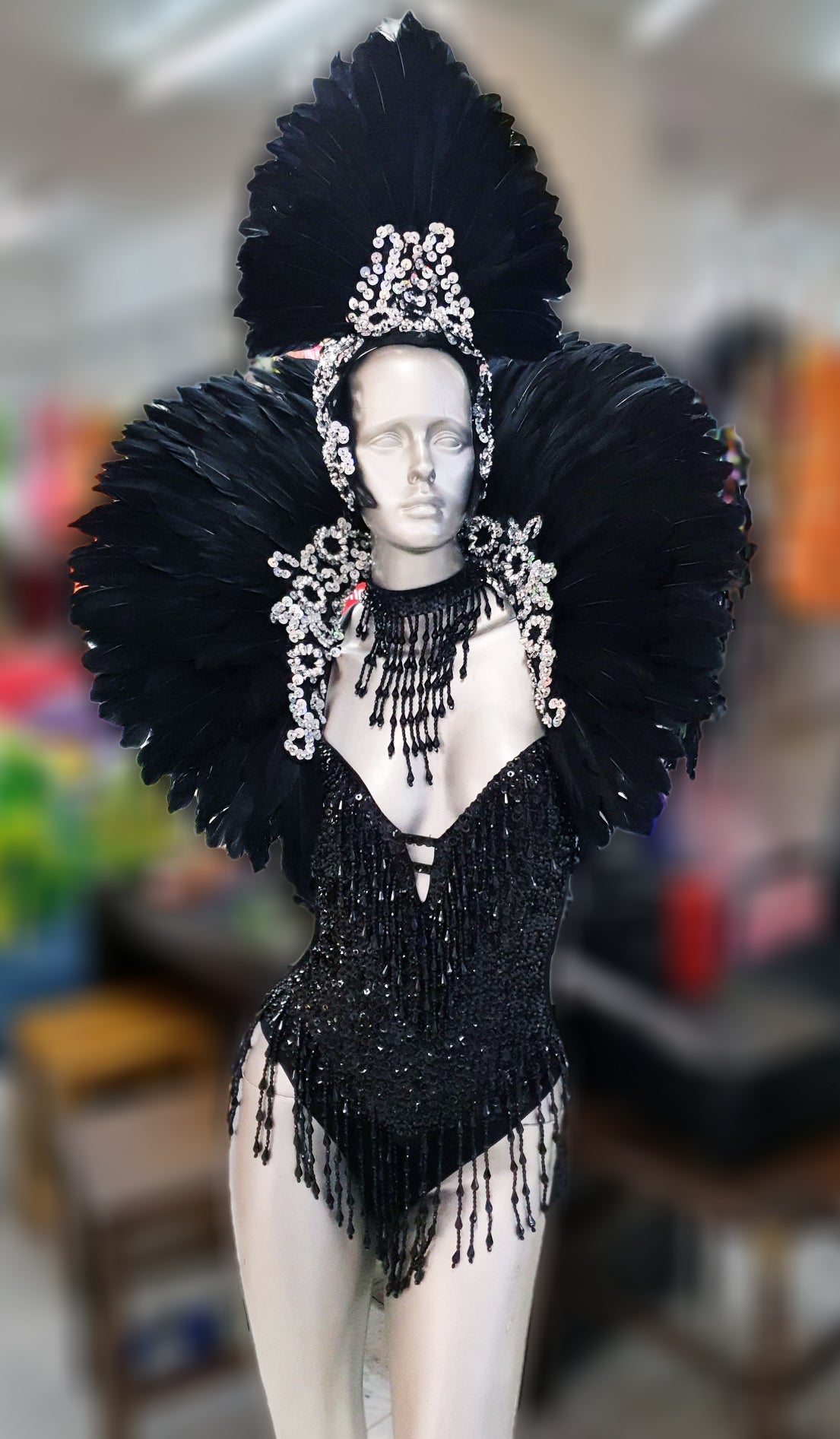 Da NeeNa C727S Glitter White Black Moulin Rouge Feather Crystal Dance Shoulder Headdress Backpack