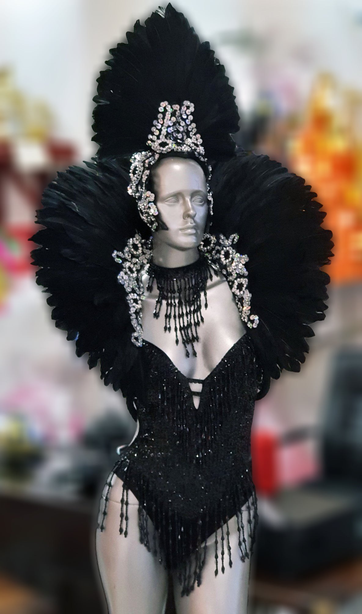 Da NeeNa C727S Glitter White Black Moulin Rouge Feather Crystal Dance Shoulder Headdress Backpack