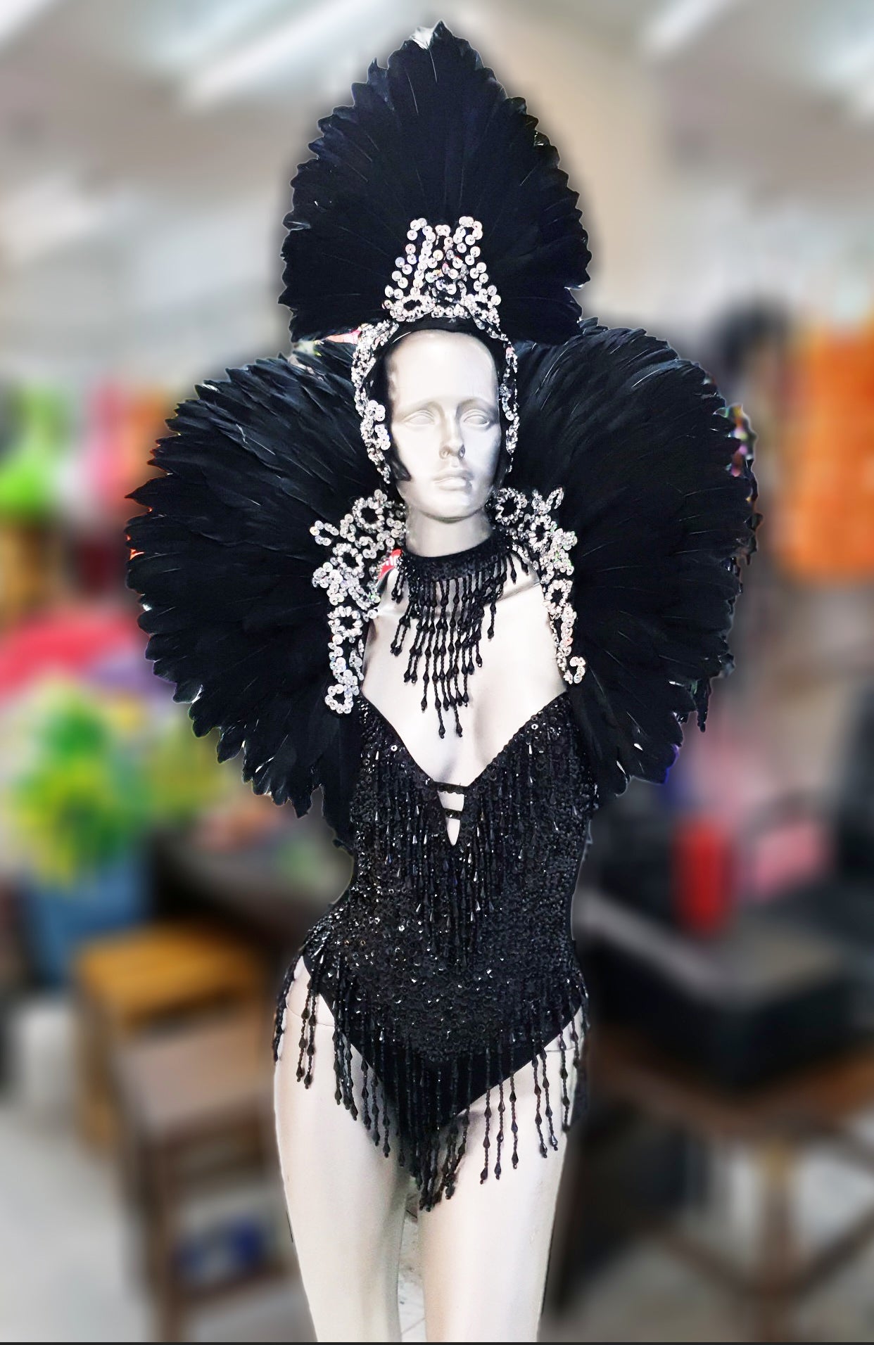 Da NeeNa C727S Glitter White Black Moulin Rouge Feather Crystal Dance Shoulder Headdress Backpack