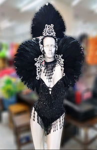Da NeeNa C727S Glitter White Black Moulin Rouge Feather Crystal Dance Shoulder Headdress Backpack