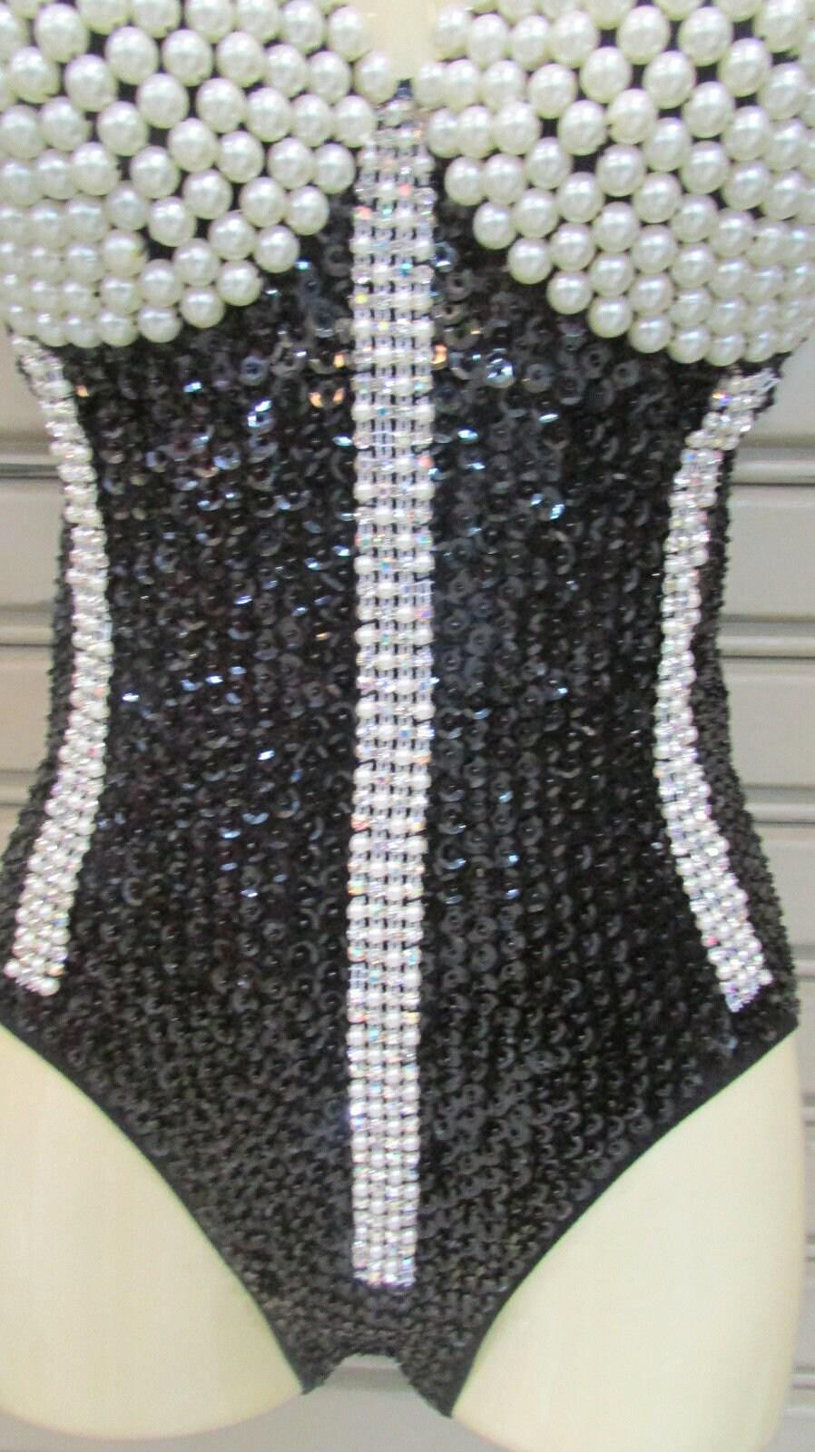Da neena l041 black pearl queen crystal burlesque leotard bodysuit xs-xl