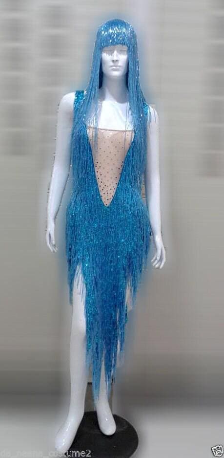 Daneena m535z cher vegas burlesque bugle beaded leotard bodysuit with wig xs-xl