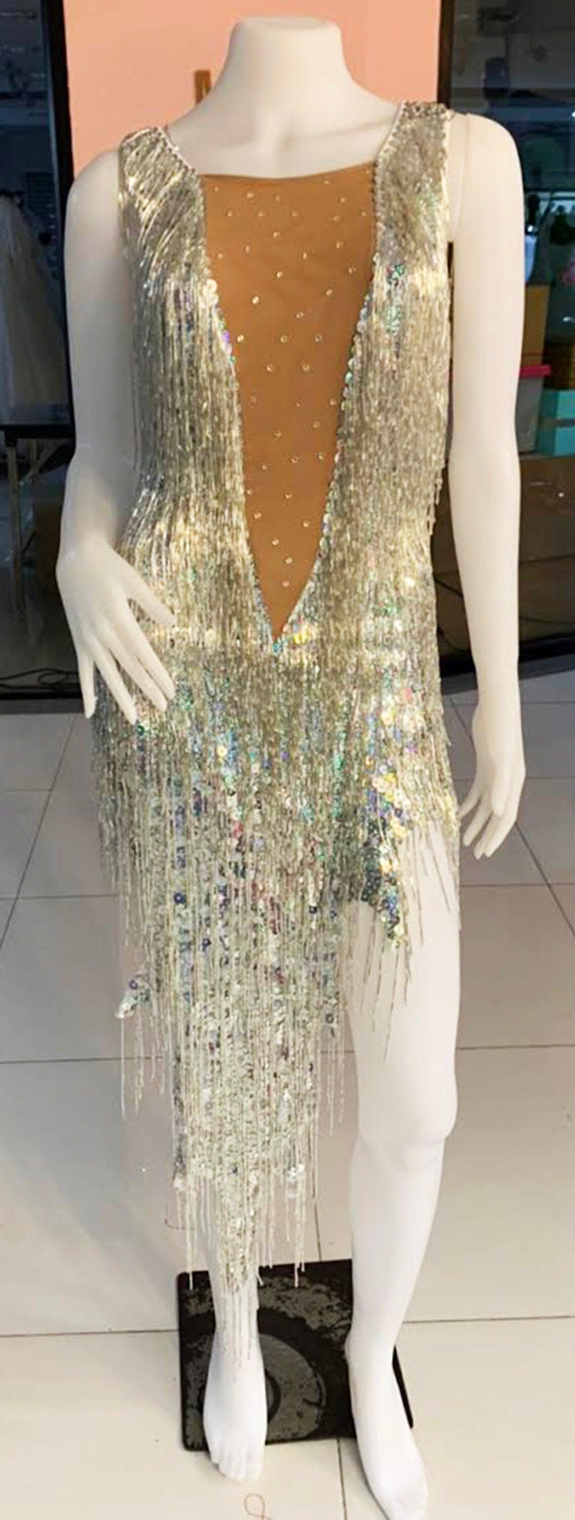 Daneena m535z cher vegas burlesque bugle beaded leotard bodysuit with wig xs-xl