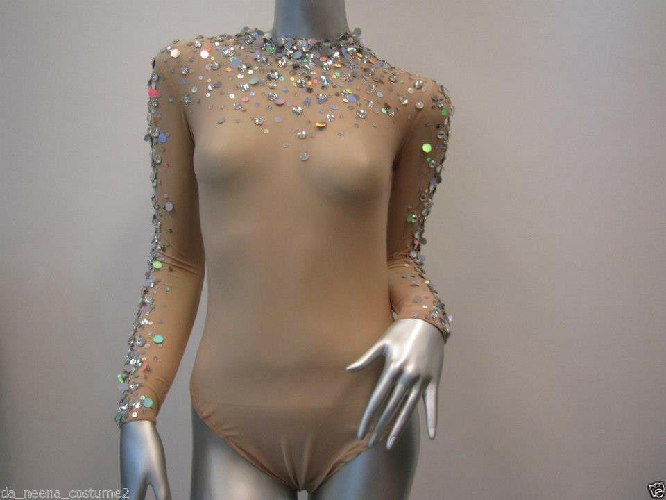 Da neena l0355 showgirl burlesque crystal nude leotard bodysuit xs-xl