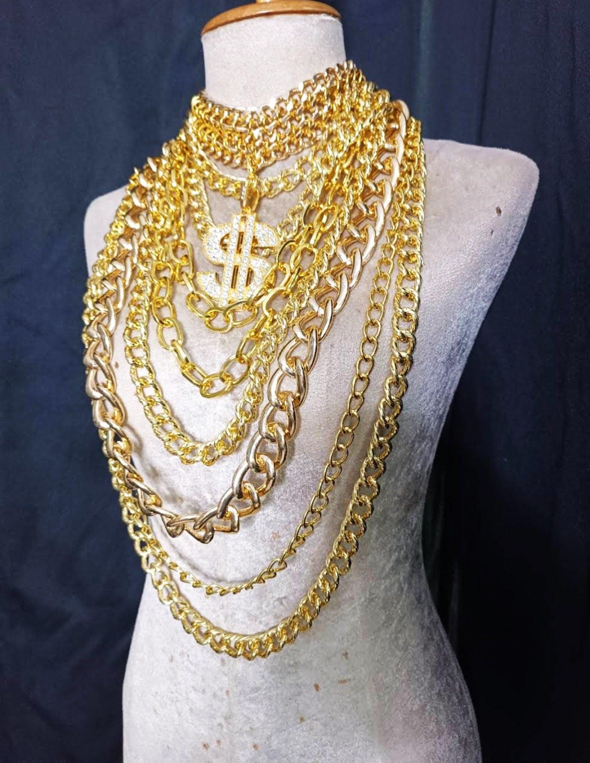 Da neena j018i dollar gold and silver loop chain roman pageant dance vegas necklace shoulder
