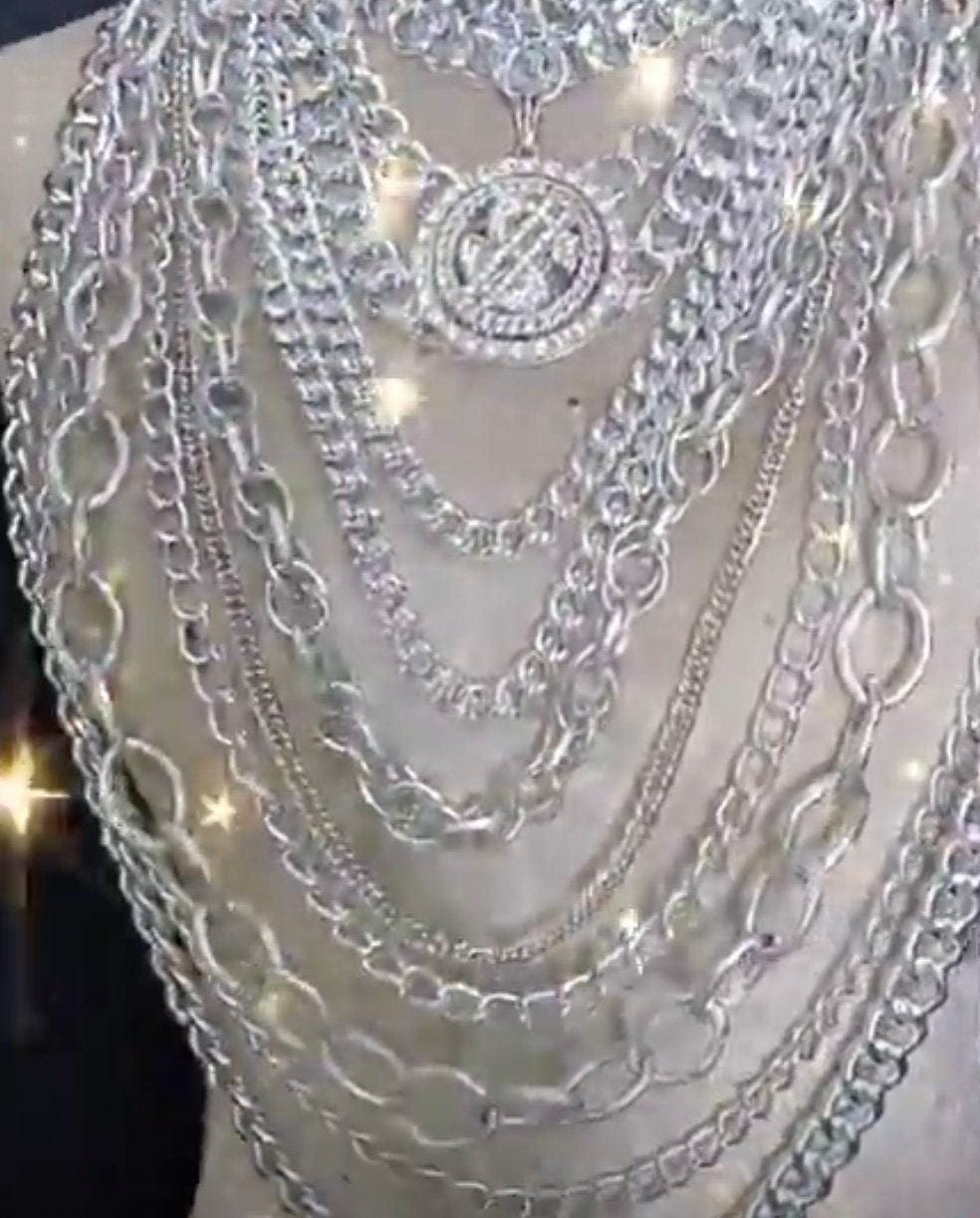 Da neena j018i dollar gold and silver loop chain roman pageant dance vegas necklace shoulder