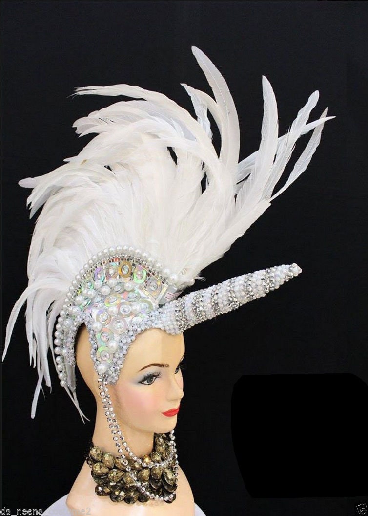 Da NeeNa H562 Mohawk Horn Drag Dress Cabaret Showgirl White Unicorn Headdress