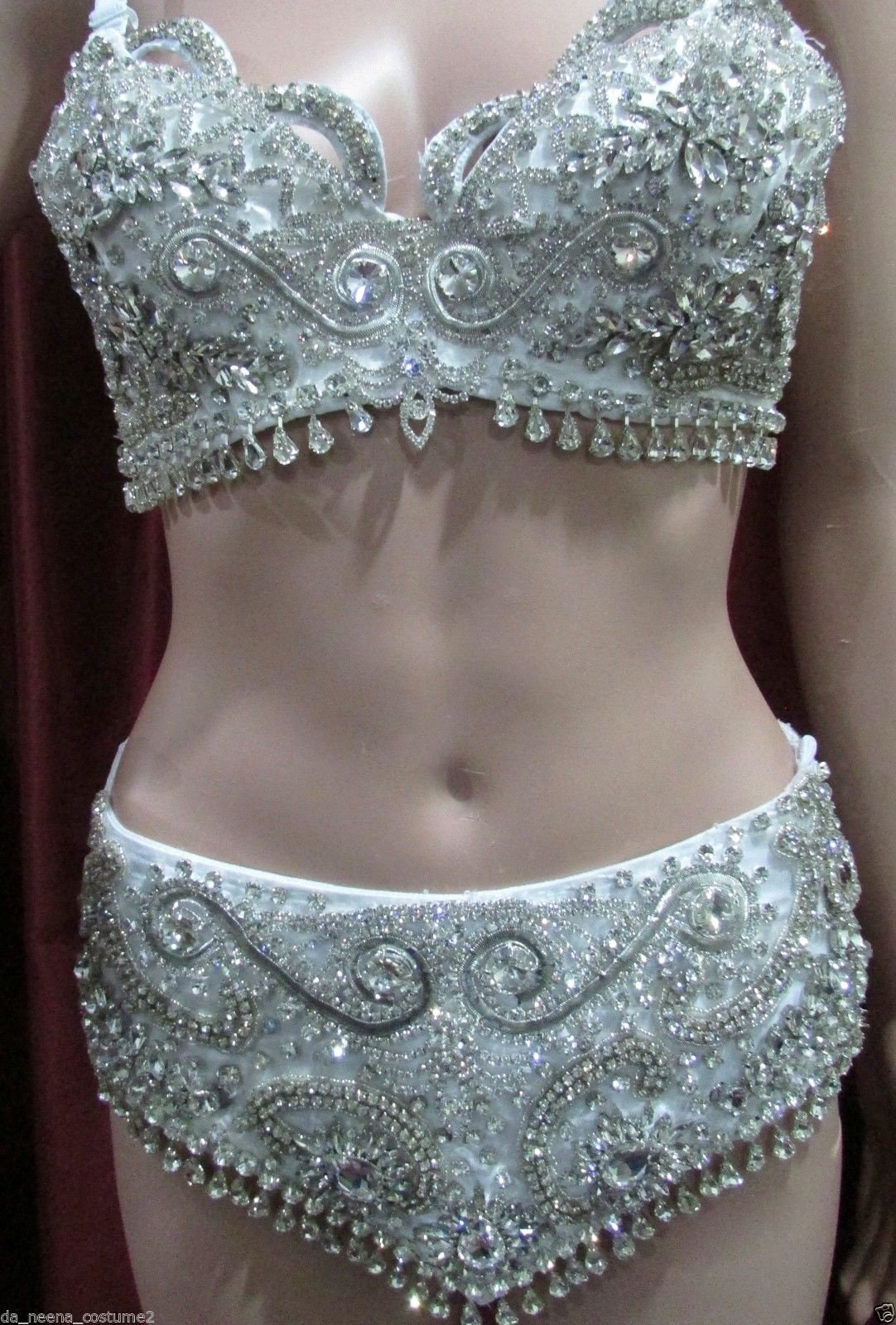 Da NeeNa T022 White Glitter Crystal Princess Vegas Bra Skirt Costume XS-XL