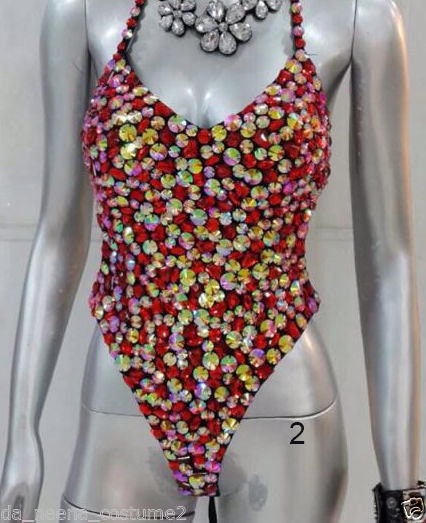 Da NeeNa L035C Showgirl Burlesque Crystal Sequin Leotard Bodysuit XS-XL