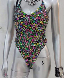 Da NeeNa L035C Showgirl Burlesque Crystal Sequin Leotard Bodysuit XS-XL