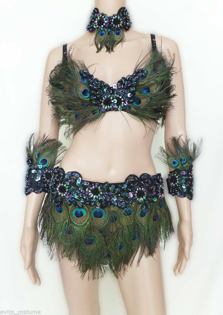 Da NeeNa FPC Showgirl Vegas Drag Queen Dance Bra Skirt Peacock Costume S-XL