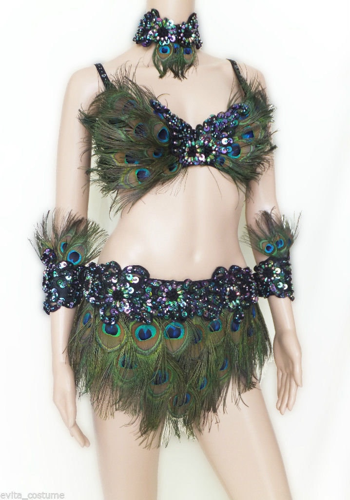 Da NeeNa FPC Showgirl Vegas Drag Queen Dance Bra Skirt Peacock Costume S-XL