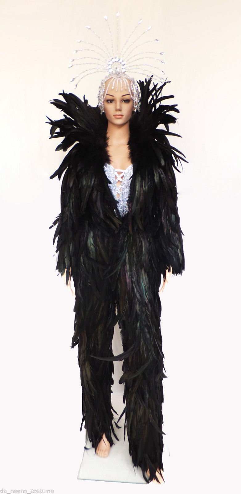 Da NeeNa JF Vegas Parade Woman Man Devil Black Feather Coat Jacket Pants XS-XL