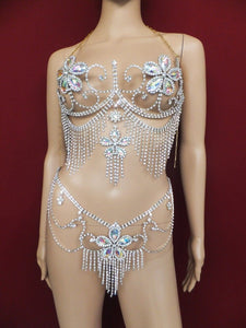 Da NeeNa J0799 Flower SILVER Chainmail Bra Belt Skirt Costume Set