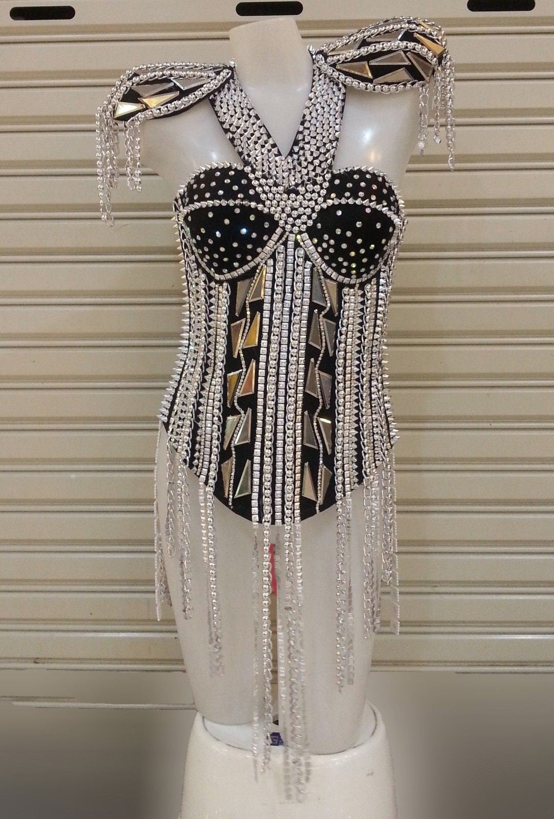 Da NeeNa M730 Futuristic Alien Mirror Metallic Princess Pearl Gaga Beyonce Corset Dress XS-XL