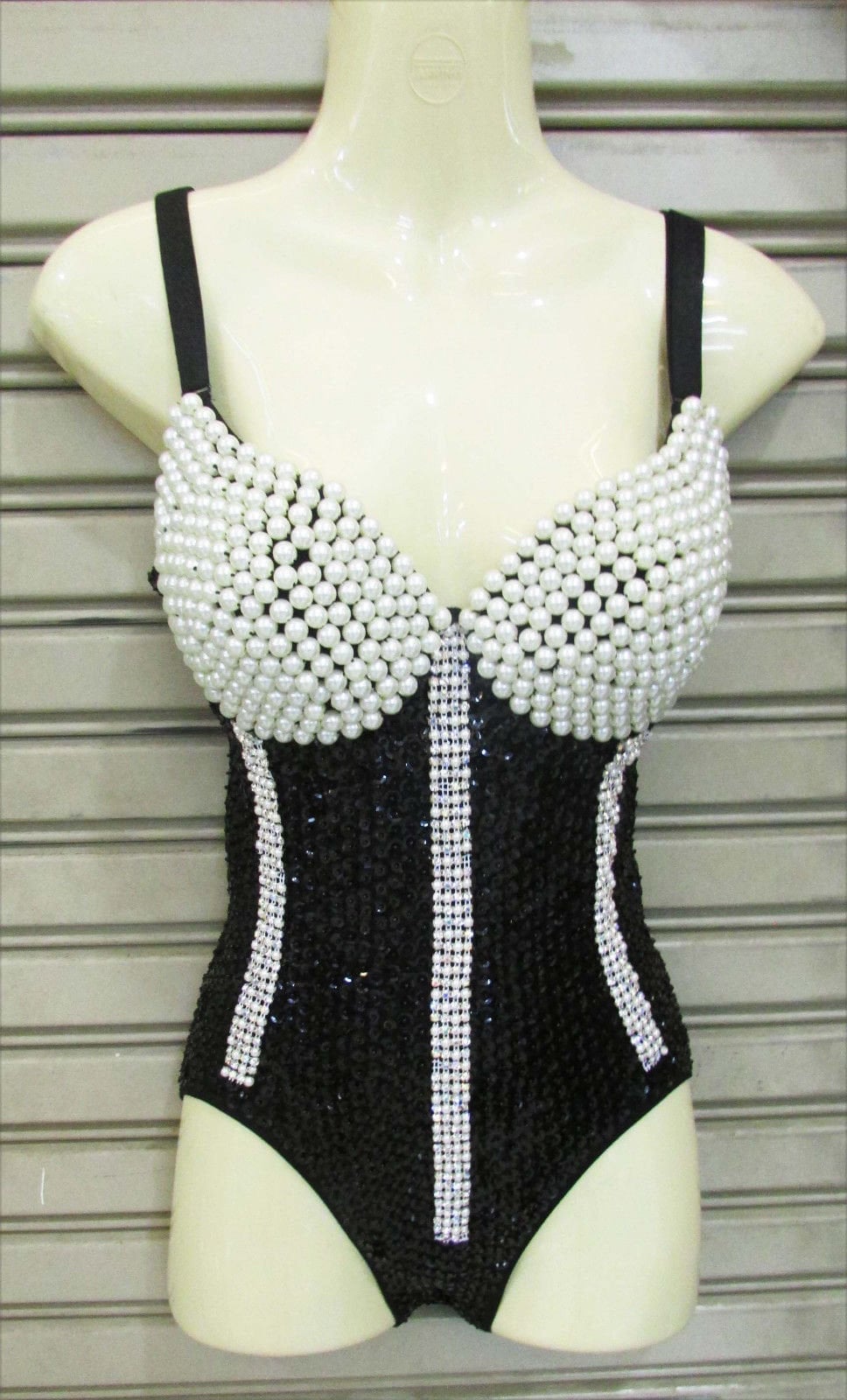 Da NeeNa L041 Black Pearl Queen Crystal Burlesque Leotard Bodysuit XS-XL