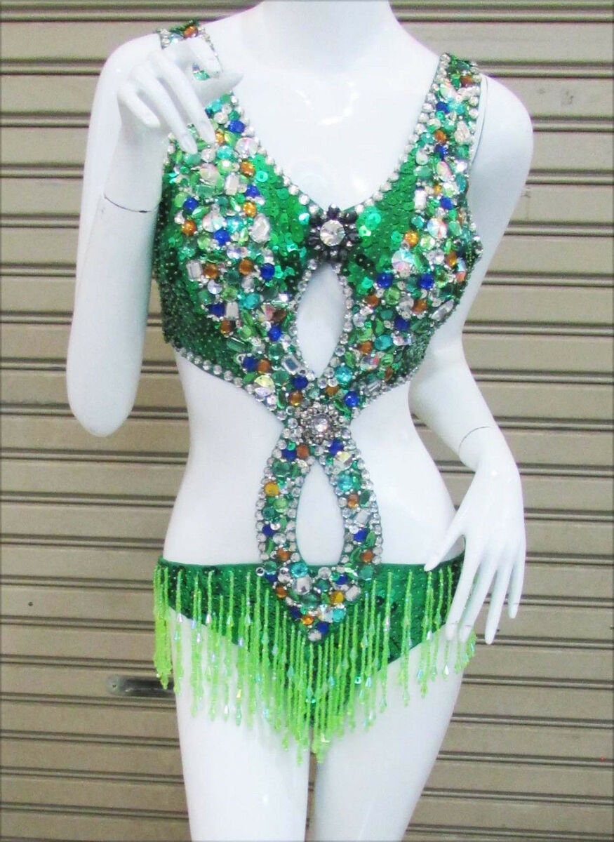 Da NeeNa L048 Green Crystal Burlesque Latin Salsa Leotard Bodysuit XS-XL