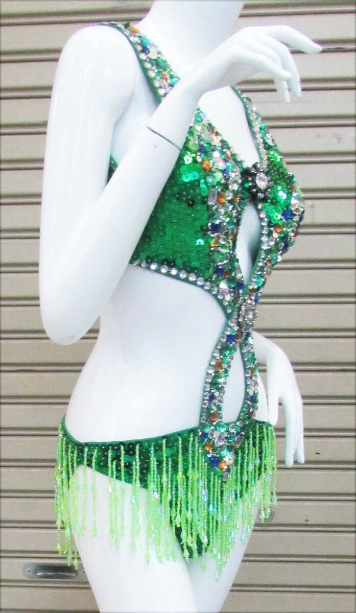 Da NeeNa L048 Green Crystal Burlesque Latin Salsa Leotard Bodysuit XS-XL