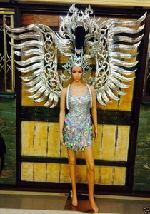 C107 Da NeeNa Burlesque Silver Dress Headdress Angel Wings