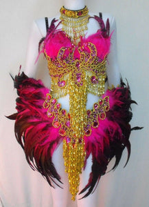 Da NeeNa FT Vegas Feather Diva Secret Dance Showgirl Drag Belt Bra Dress XS-XL