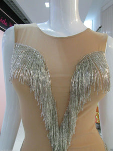 DaNeeNa M556 Silver Cher Vegas Burlesque Bugle Beaded Leotard Bodysuit XS-XL