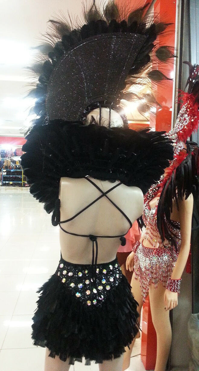 Da NeeNa C809 Black Peacock Angel Showgirl Crystal Headdress Costume Set XS-XL