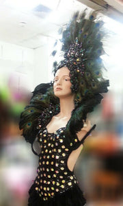 Da NeeNa C809 Black Peacock Angel Showgirl Crystal Headdress Costume Set XS-XL