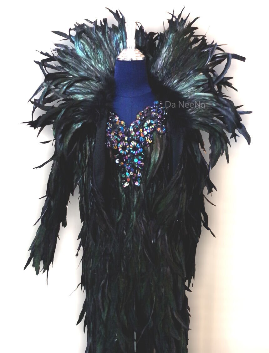 Da NeeNa G015C Vegas Parade Cabaret Burlesque Dance Devil Black Feather Gown