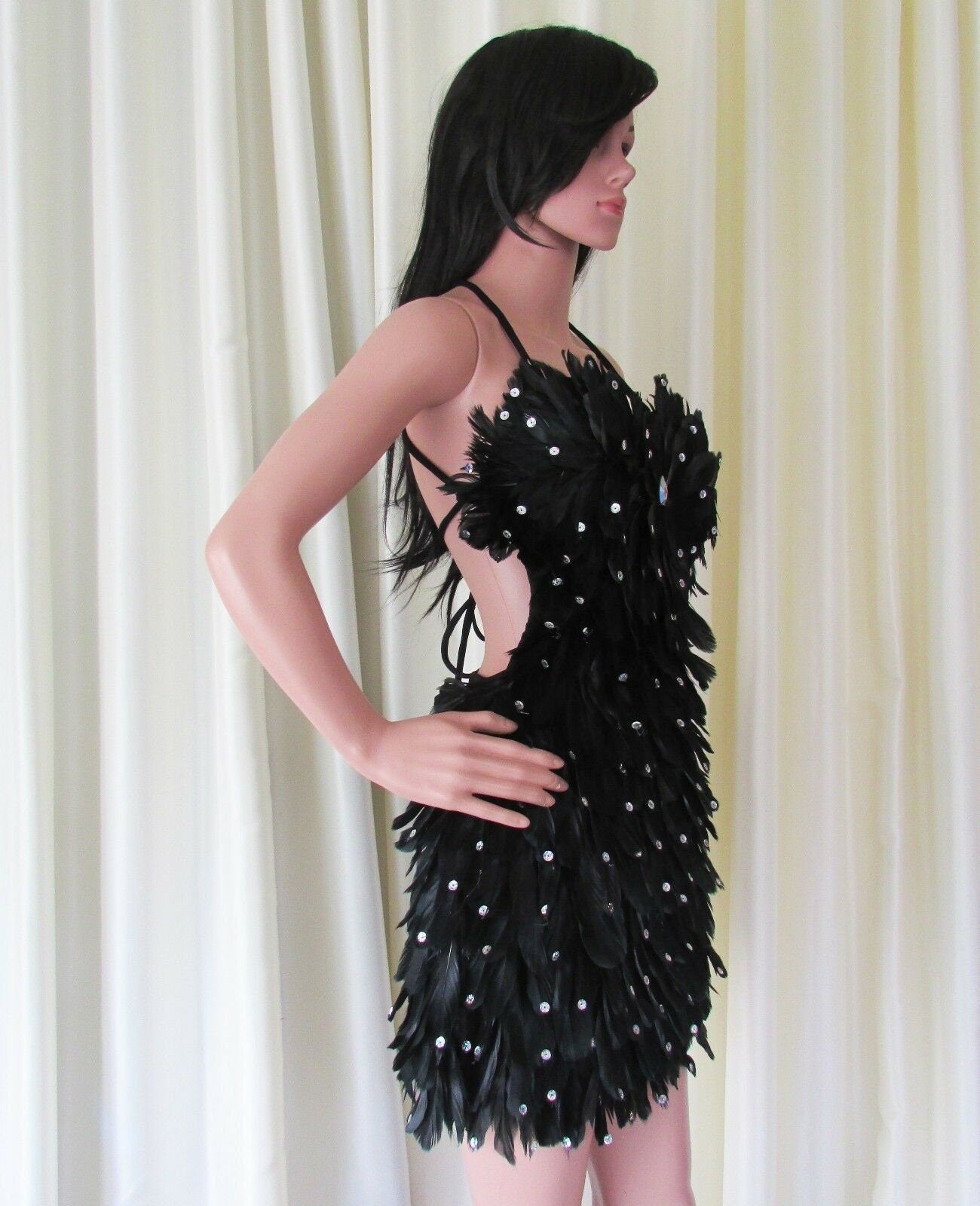 Da NeeNa R70 Black Feather Latin Dance Burlesque Drag Sequin Dress M