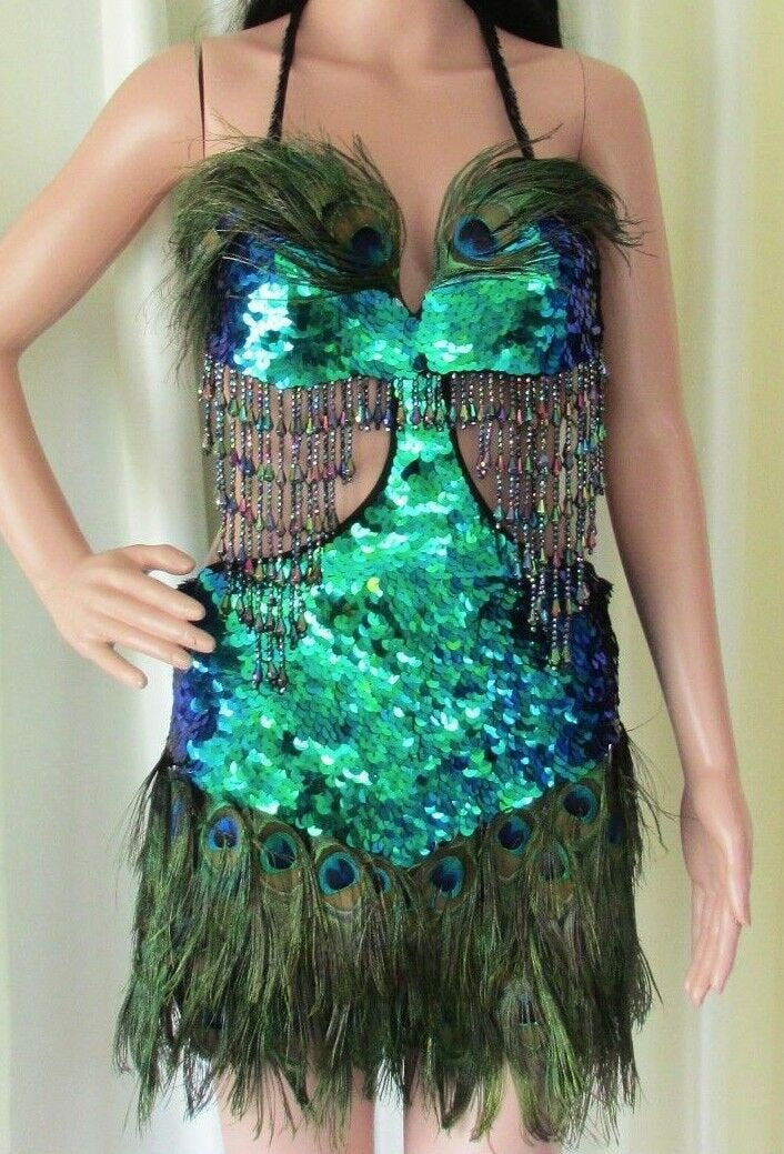 Da NeeNa R60 Forrest Peacock Feather Salsa Vegas Dance Drag Dress S