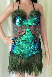 Da NeeNa R60 Forrest Peacock Feather Salsa Vegas Dance Drag Dress S