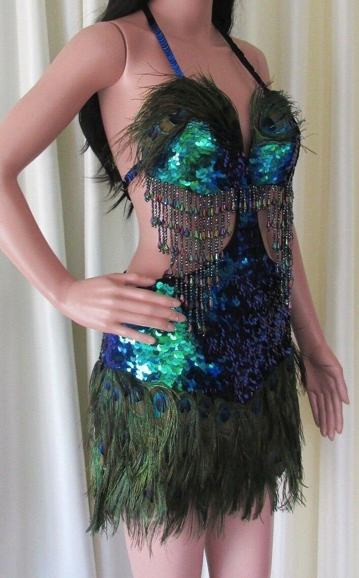 Da NeeNa R60 Forrest Peacock Feather Salsa Vegas Dance Drag Dress S