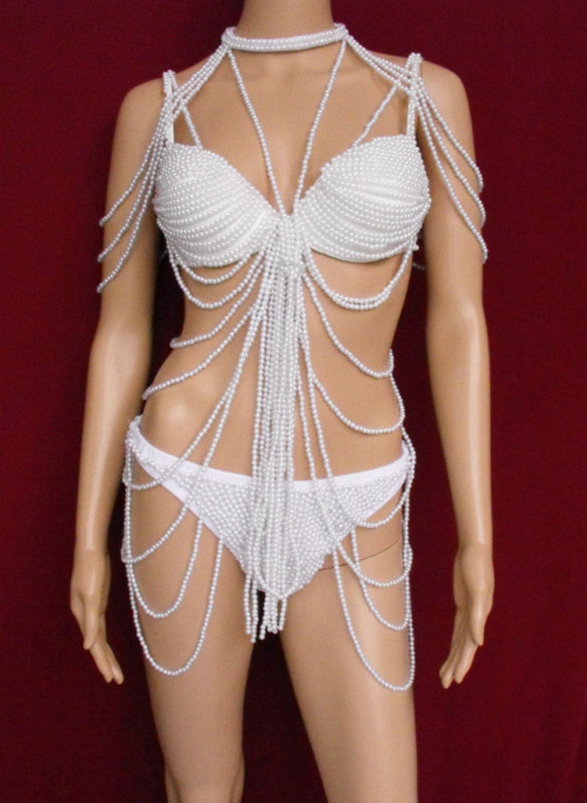 Da NeeNa T007A Burlesque Vegas Christina Aguilera Costume Pearl Bra Bikini XS-XL