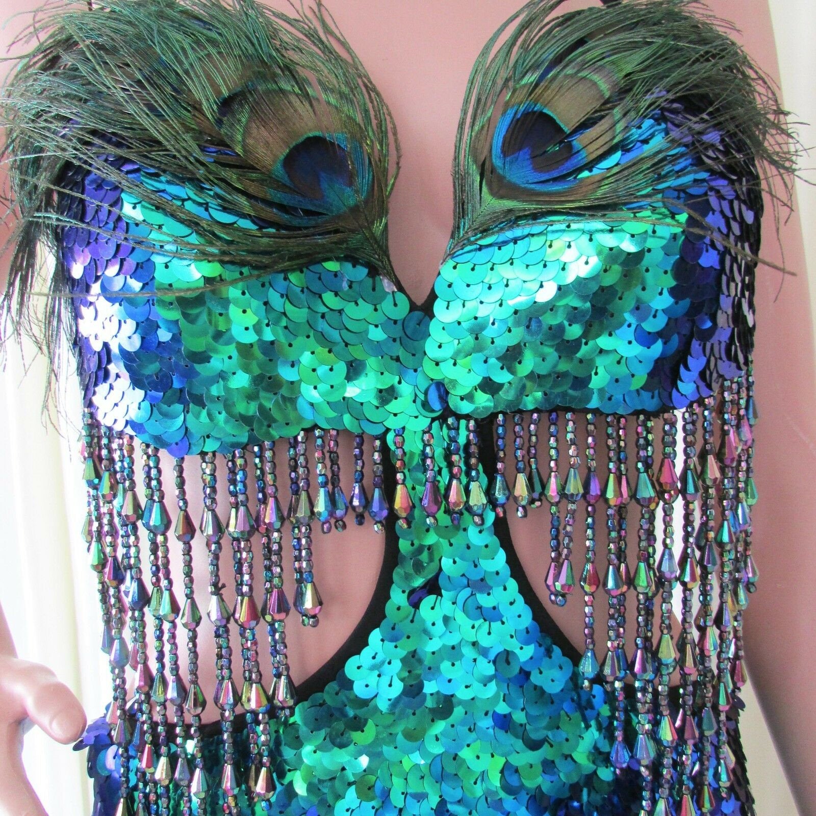 Da NeeNa R60 Forrest Peacock Feather Salsa Vegas Dance Drag Dress S