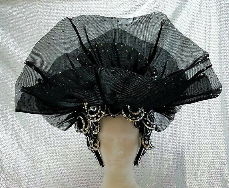 Da NeeNa C844 Black Swan Lady Drag Dance Crystal Pageant Backpiece Headdress