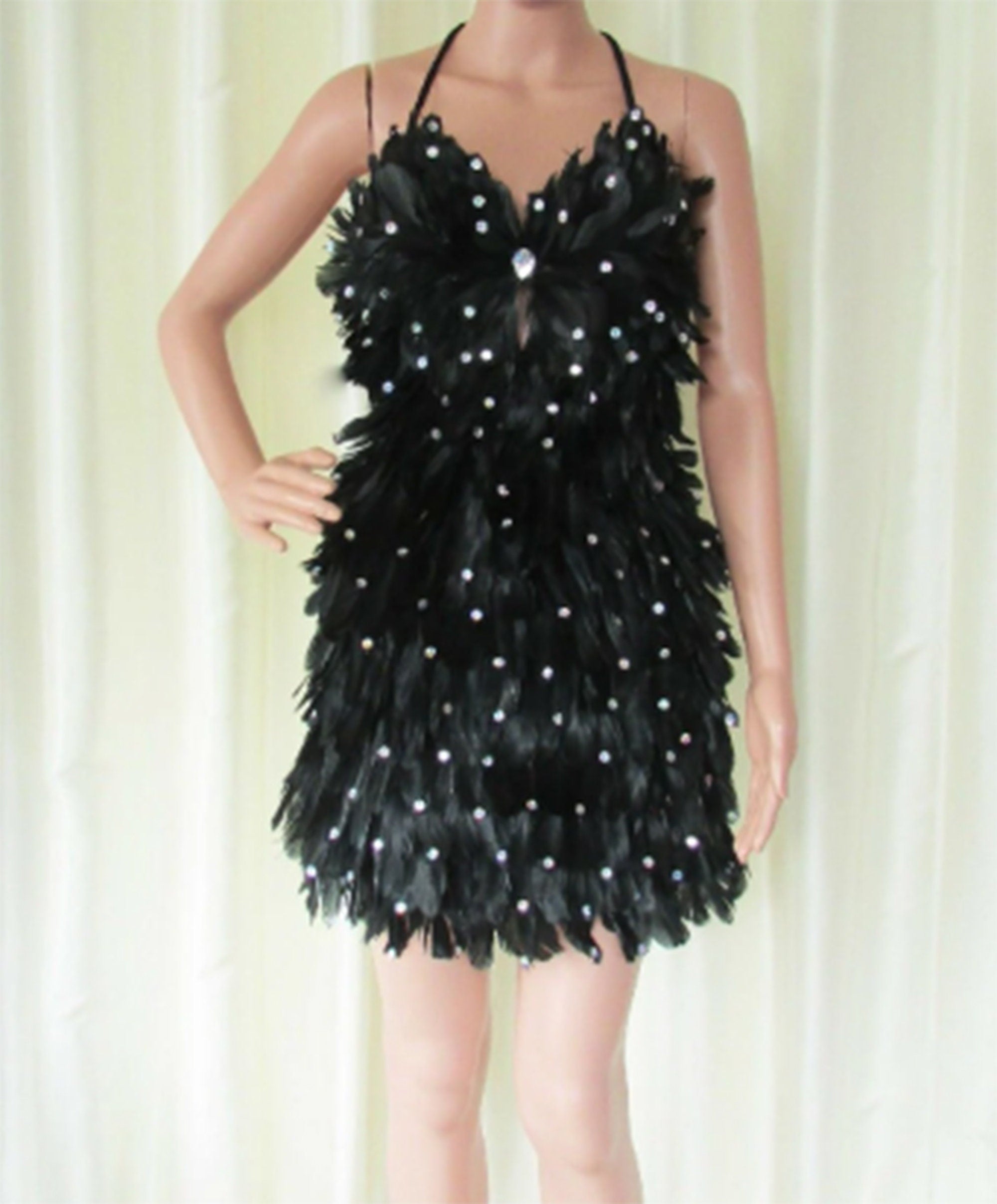 Da NeeNa R70 Black Feather Latin Dance Burlesque Drag Sequin Dress M