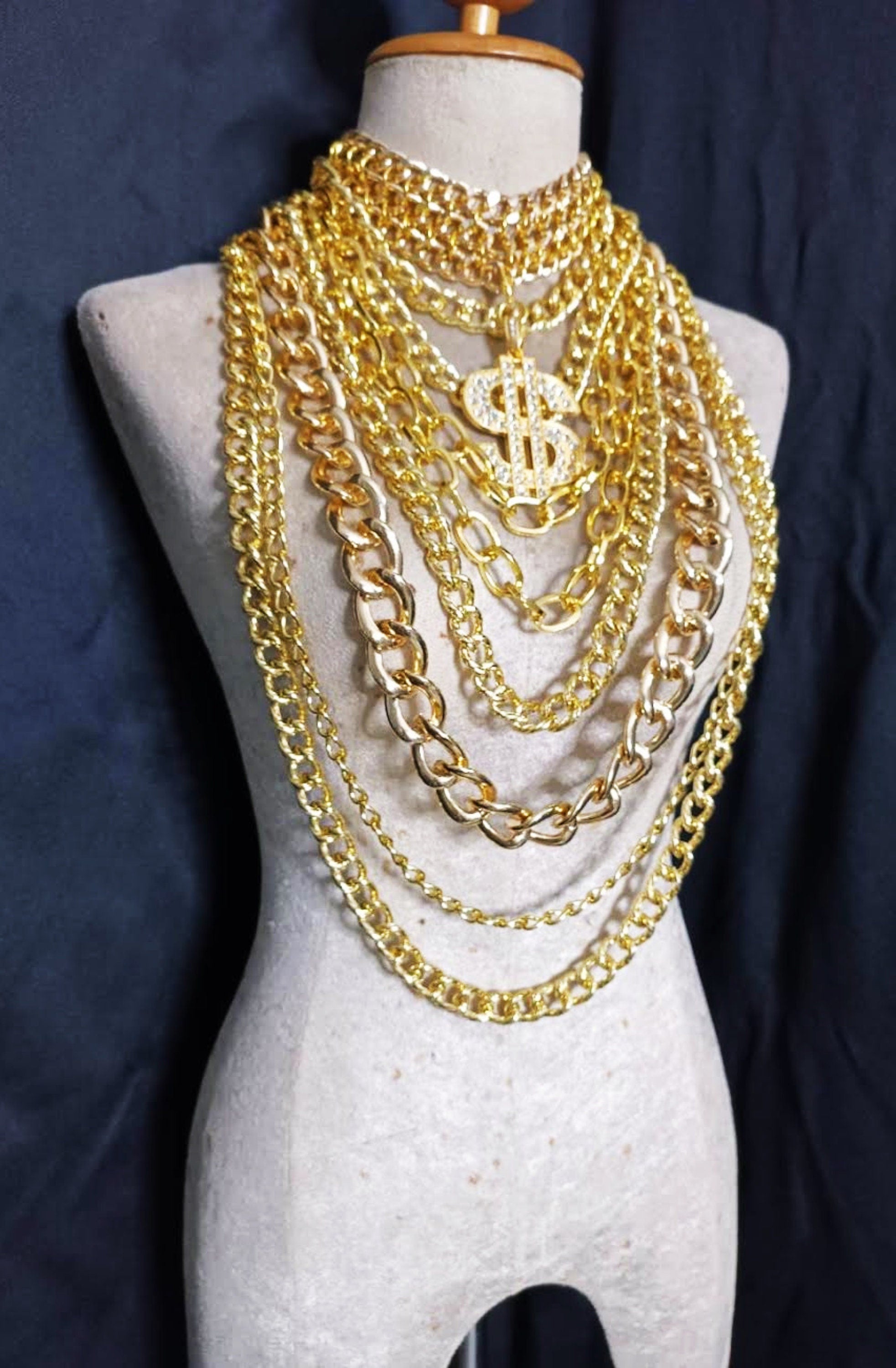 Da NeeNa J018I Dollar Gold and Silver Loop Chain Roman Pageant Dance Vegas Necklace Shoulder