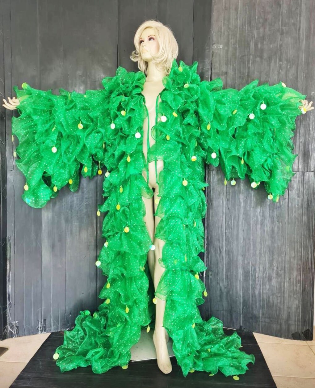 Da NeeNa C004X Organza Drag Gay Pride Parade Prom Seaweed  Ruffle Jacket Coat