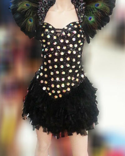 Da NeeNa M809 Black Peacock Angel Showgirl Dance Crystal Pageant Dress XS-XL