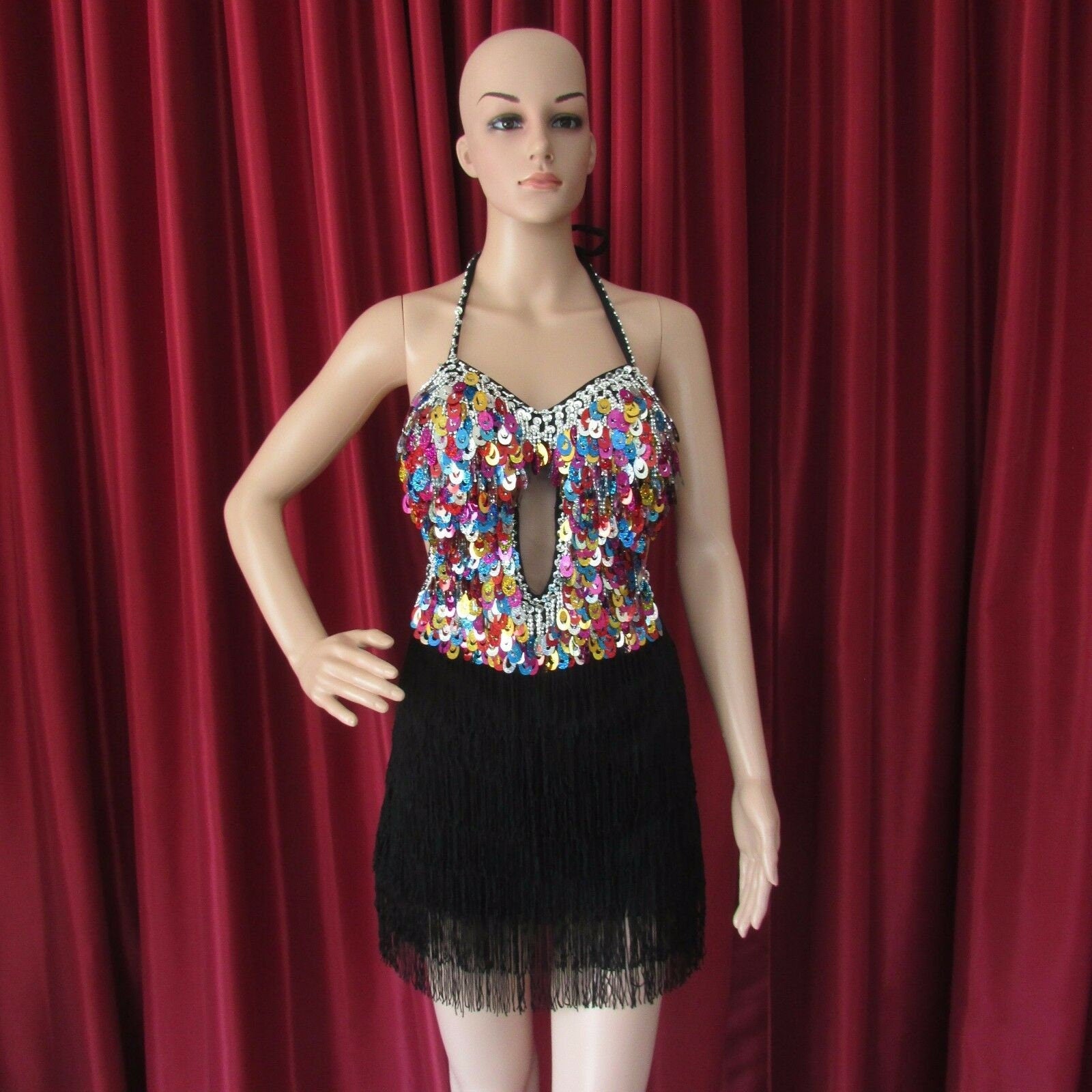 Da NeeNa R19 (Ready to ship) Colorful Queen Showgirl Pageant Vegas Salsa Fringe Dance Dress S