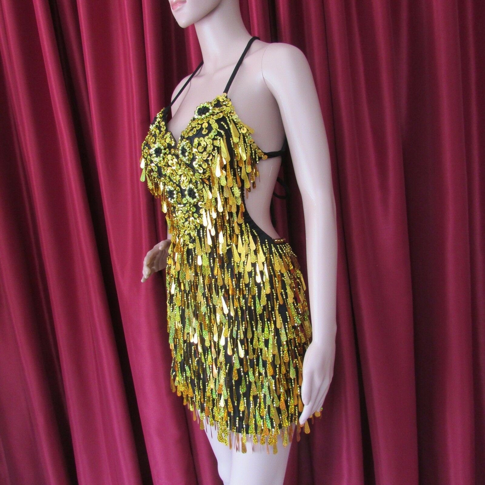 Da NeeNa R18 (Ready to ship) Gold Flower Queen Showgirl Dance Pageant Vegas Salsa Dance Dress S