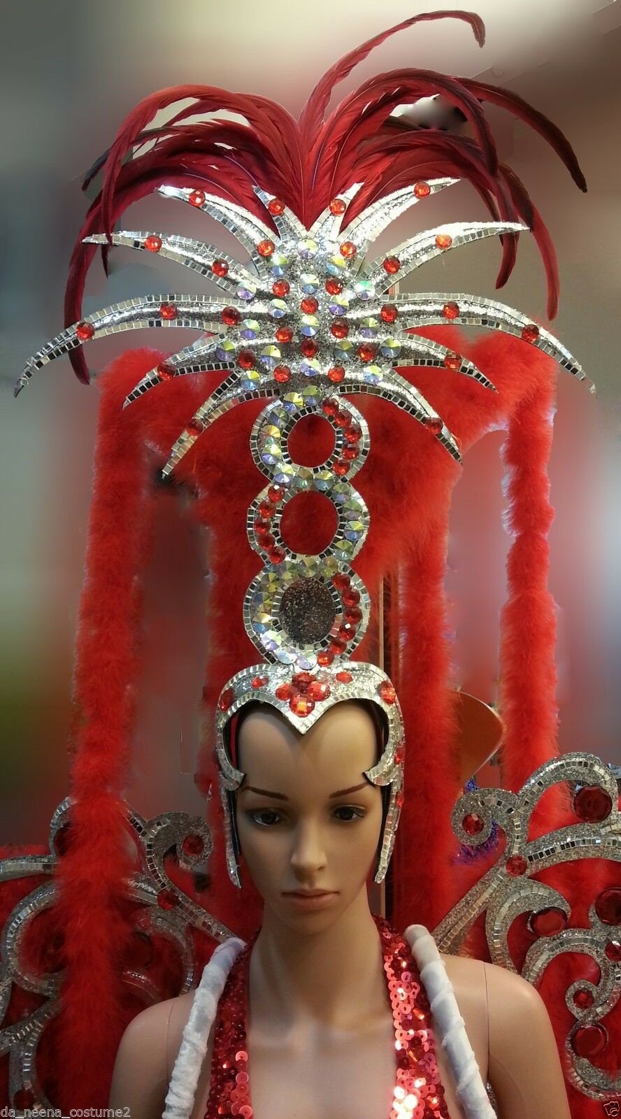 Da NeeNa C114 Red Princess Showgirl Burlesque Headdress Backpack Costume Set