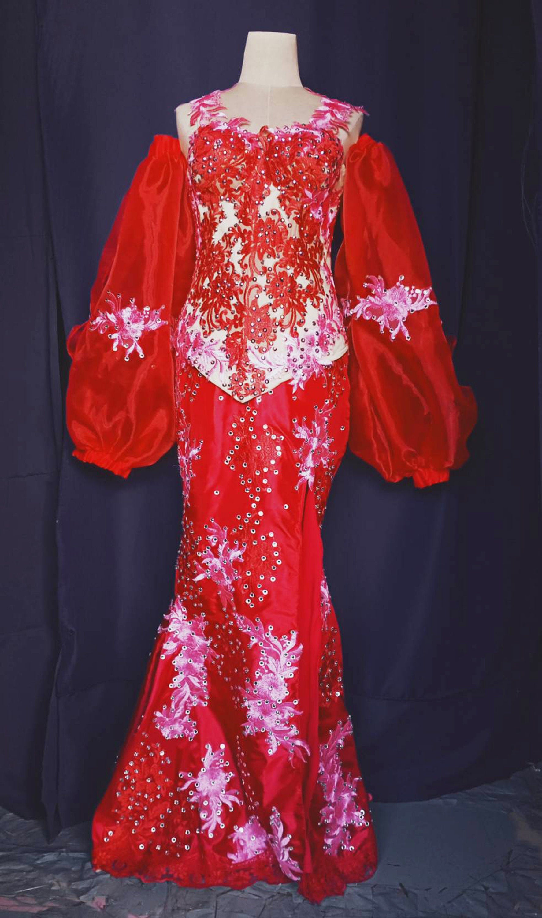 Da NeeNa G1022 Red Flower Lace Chinese Lady Pageant Showgirl Dress Gown XS-XL